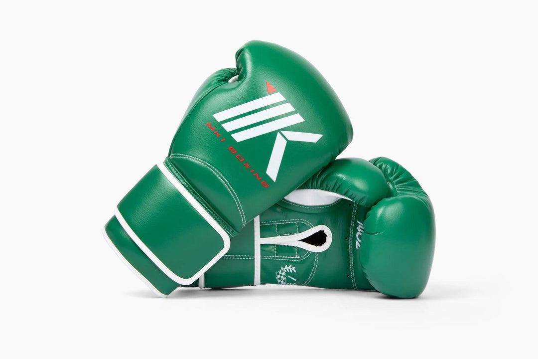 MK1's Green Mark 1 Boxing Training Gloves with a strap closure.