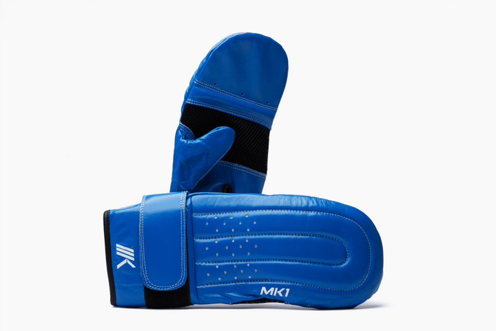 Blue leather boxing bag mitts.