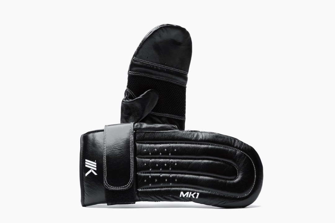 Black leather boxing bag mitts.