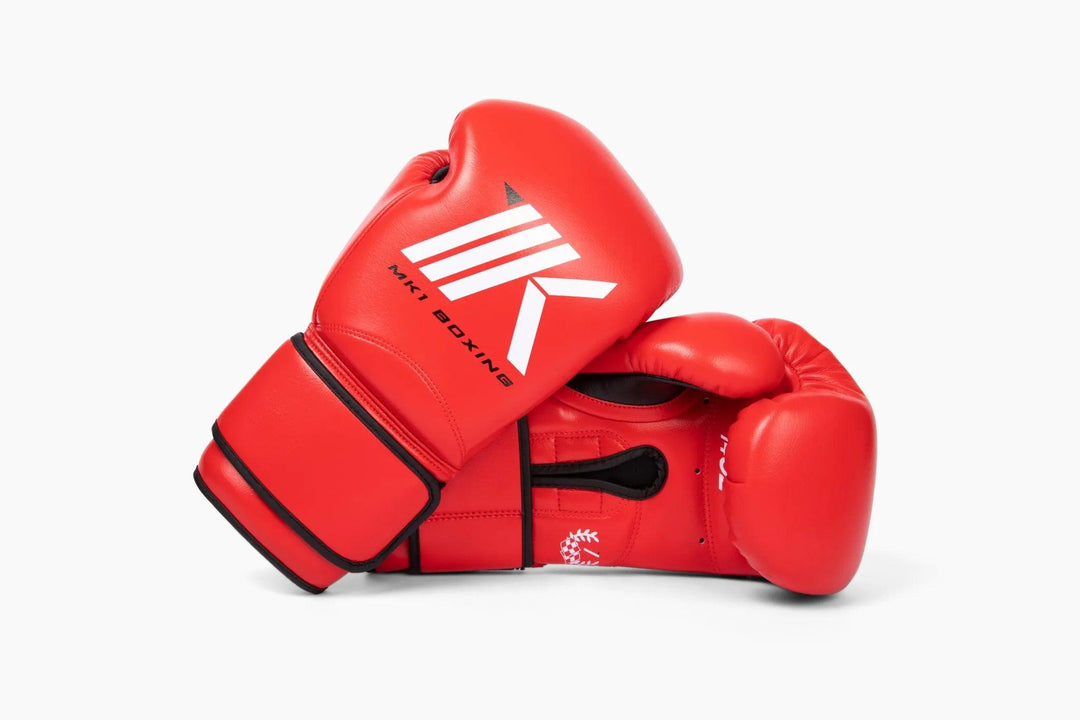 MK1's Red Mark 1 Boxing Training Gloves with a strap closure. 