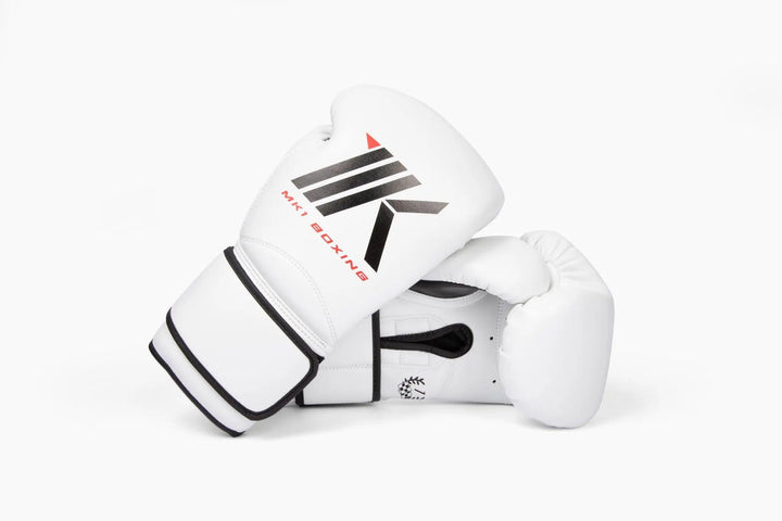 MK1's White Mark 1 Boxing Training Gloves with a strap closure. 