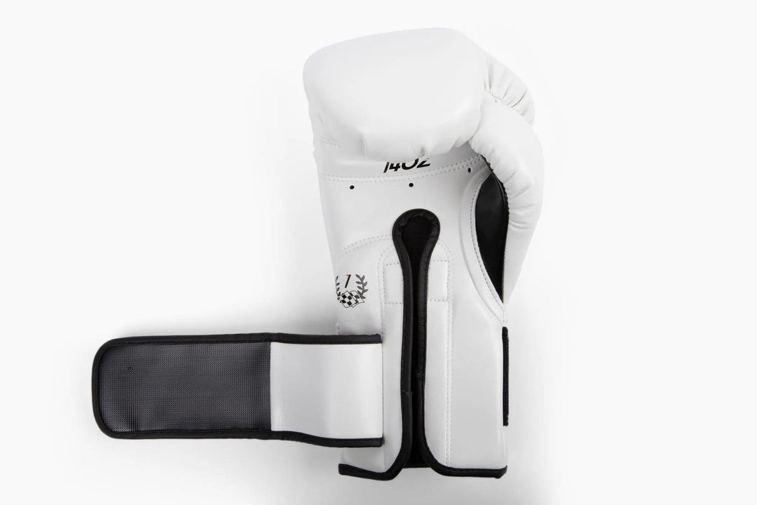 Detailed image of strap closure for MK1's White Mark 1 Boxing Training Gloves.