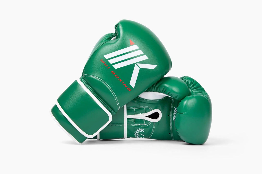 MK1's Green Mark 1 Boxing Training Gloves with a strap closure. 