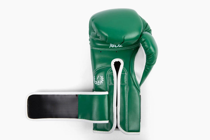 Detailed image of strap closure for MK1's Green Mark 1 Boxing Training Gloves.