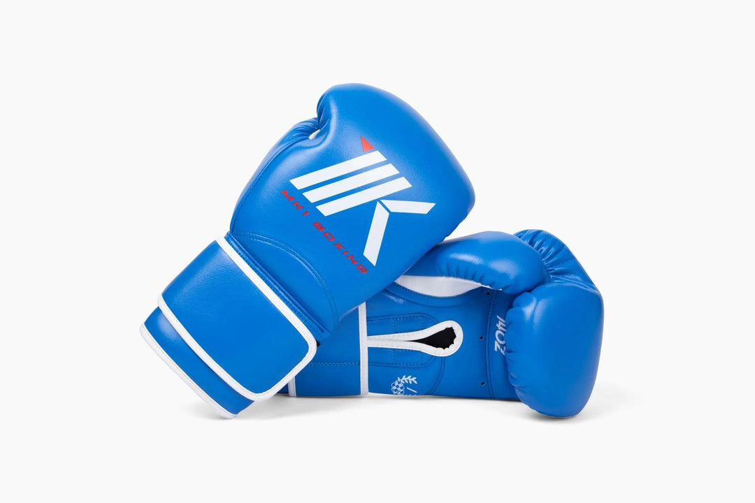 MK1's Blue Mark 1 Boxing Training Gloves with a strap closure. 
