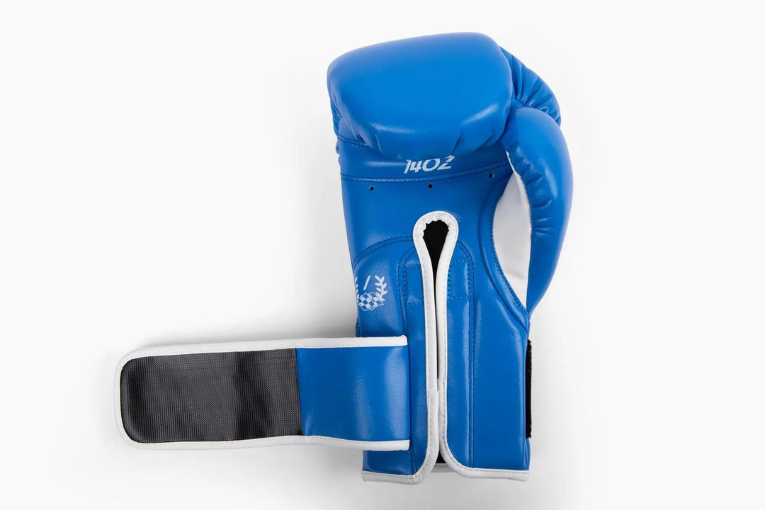Detailed image of strap closure for MK1's Blue Mark 1 Boxing Training Gloves.