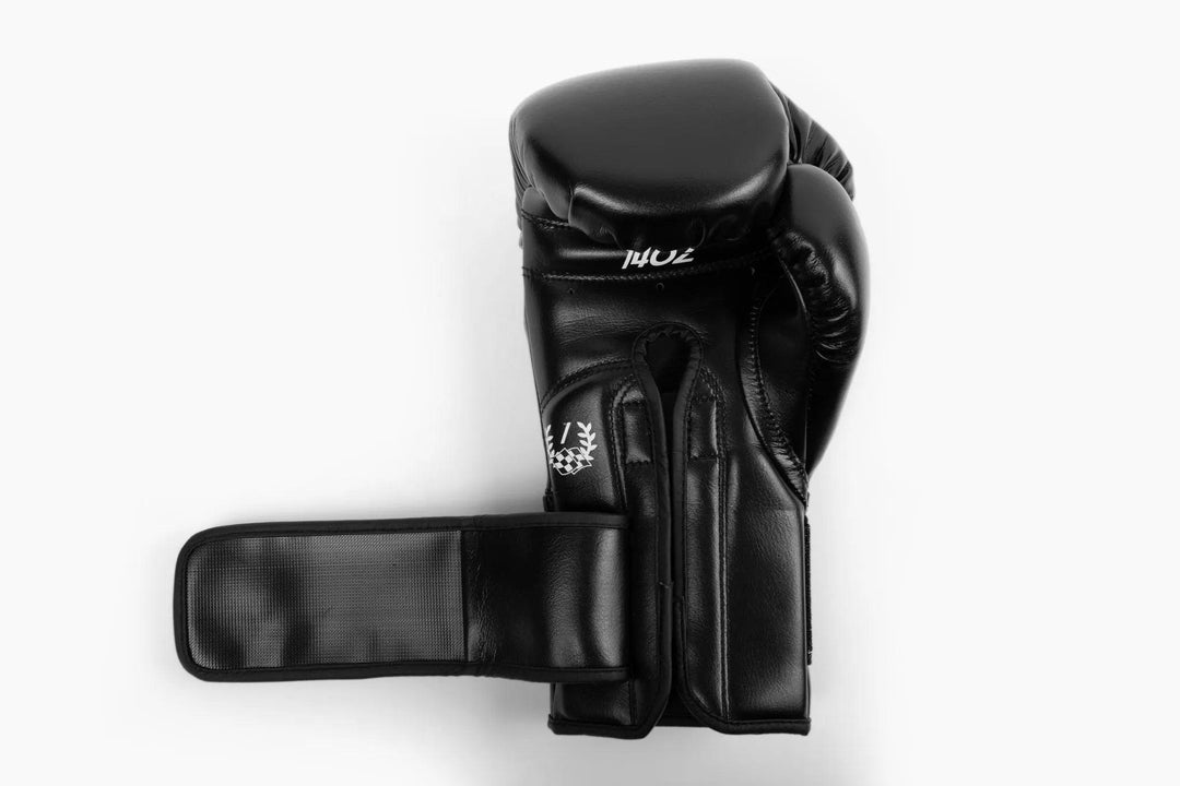 Detailed image of strap closure for MK1's Black Mark 1 Boxing Training Gloves.