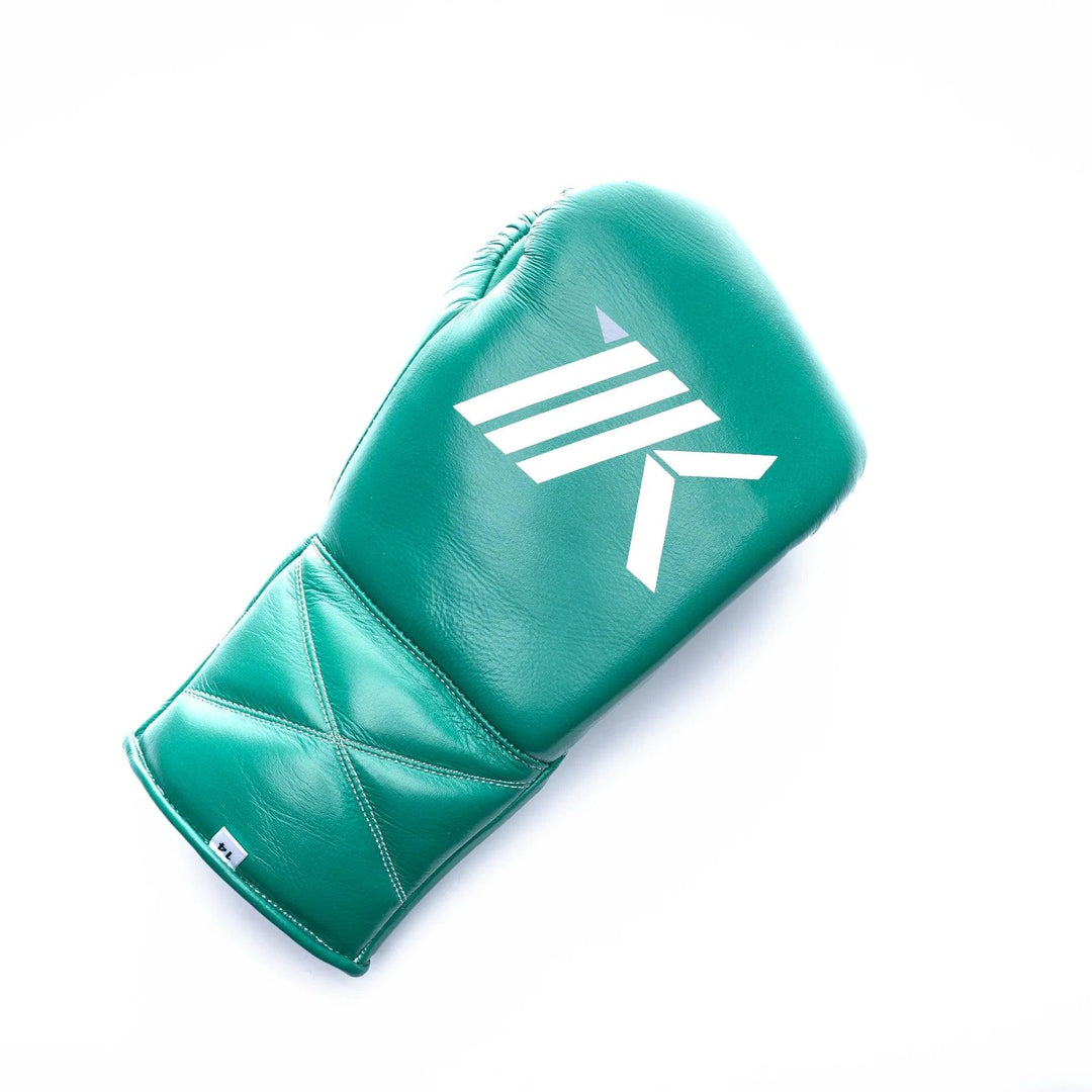 Teal green lace-up boxing gloves for training, sparring, bag work, and mitt work handcrafted in genuine leather.  