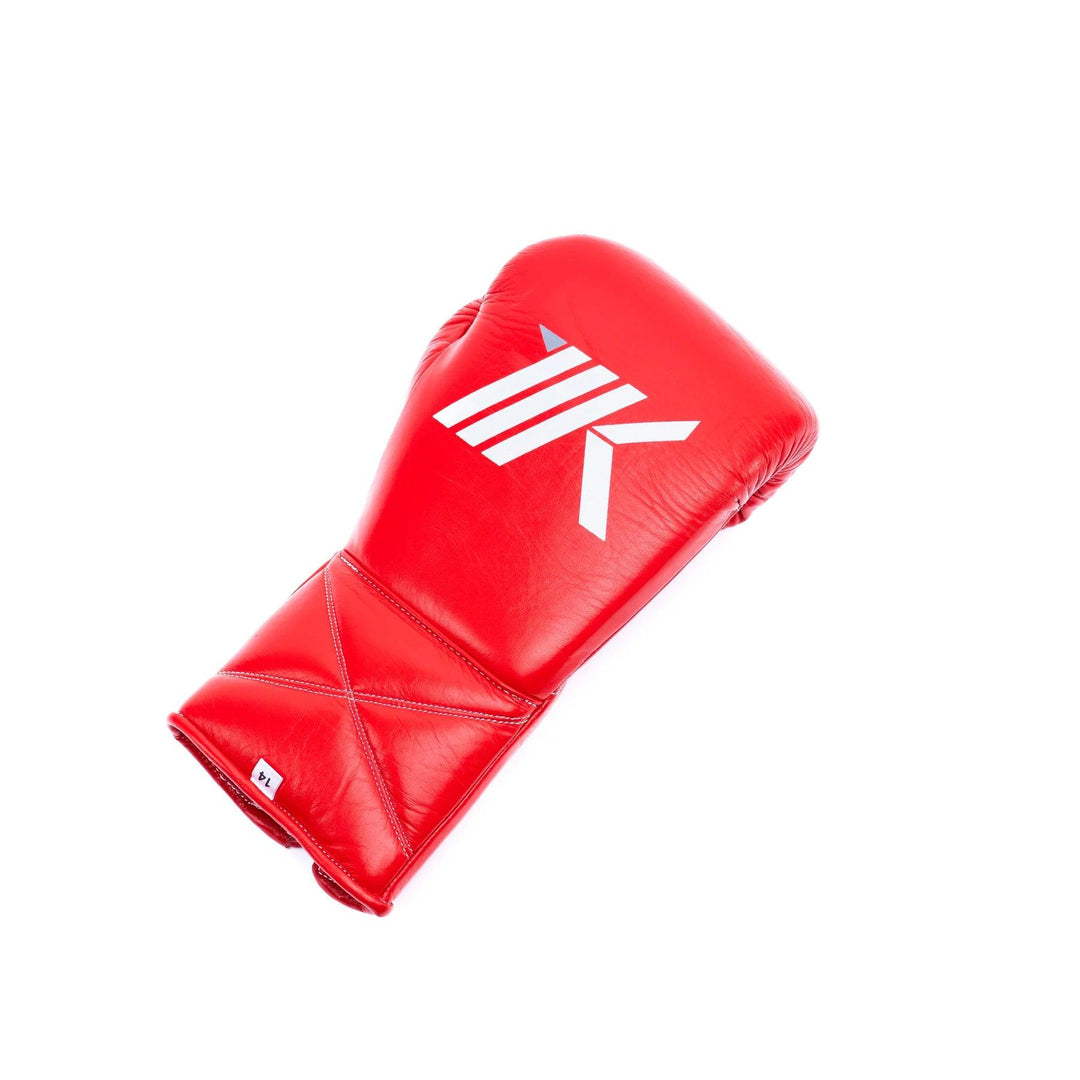 Red lace-up boxing gloves for training, sparring, bag work, and mitt work handcrafted in genuine leather.  