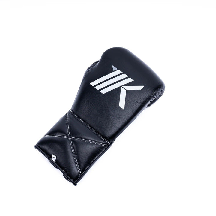 Black lace-up boxing gloves for training, sparring, bag work, and mitt work handcrafted in genuine leather.  