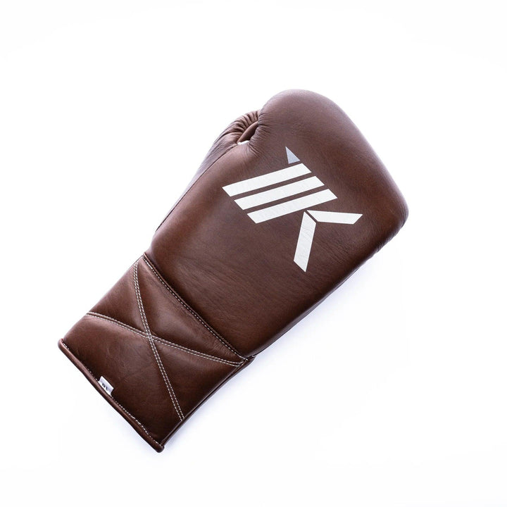 Vintage brown lace-up boxing gloves for training, sparring, bag work, and mitt work handcrafted in genuine leather.  