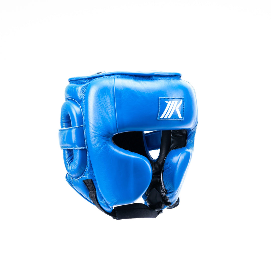 Premium leather boxing headgear with clip closure by MK1 in blue.
