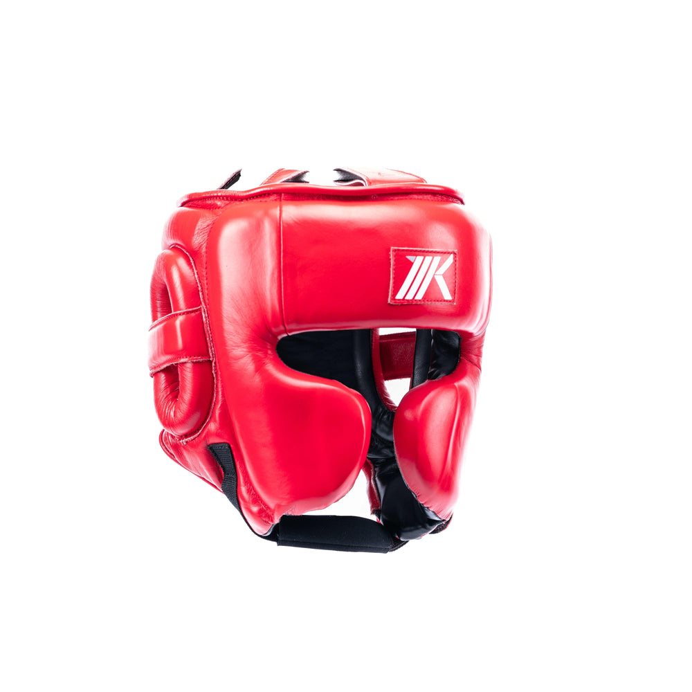 Premium leather boxing headgear with clip closure by MK1 in red.