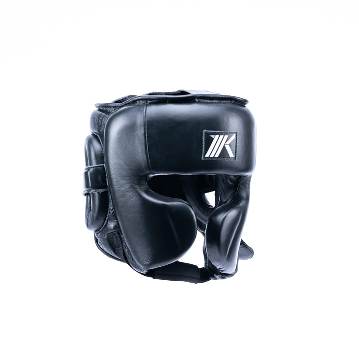 Premium leather boxing headgear with clip closure by MK1 in Black.