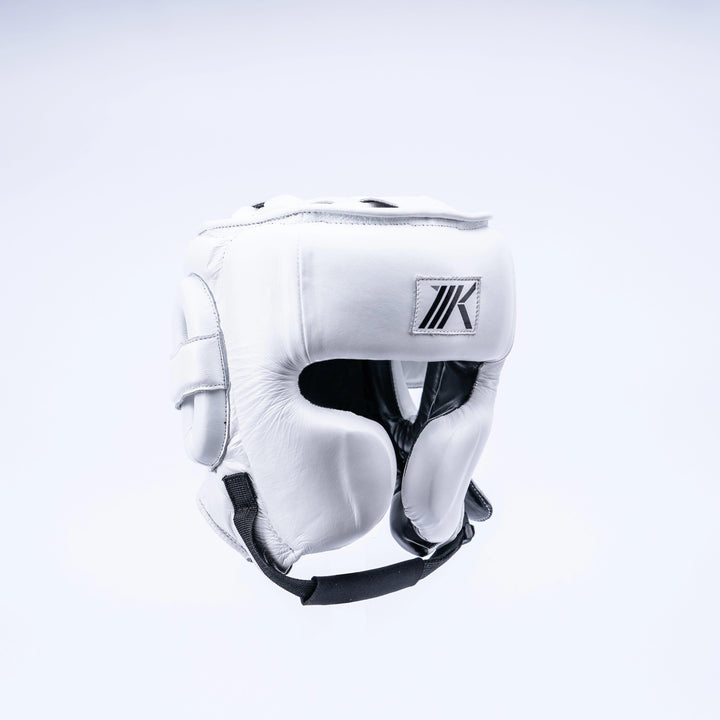 Premium leather boxing headgear with clip closure by MK1 in white.