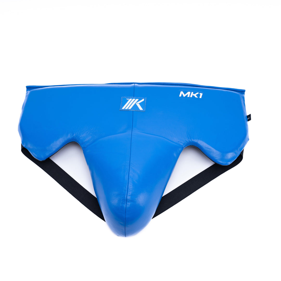 Blue groin guard for boxing training and sparring.